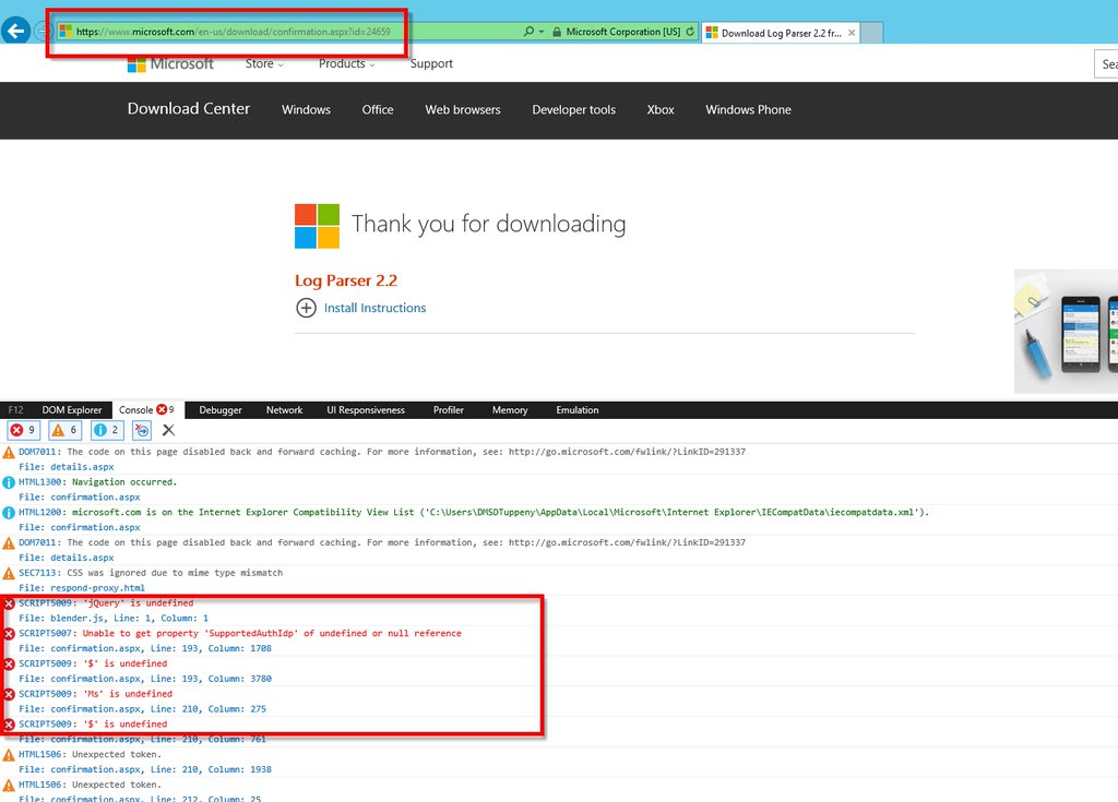 Microsoft website non-functional apparently due to missing jQuery